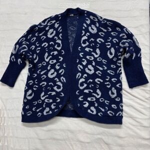 BTFBM Navy Blue White Leopard Print Fuzzy Cozy Open Front Cardigan XL